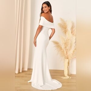 Lulus Elegant White Off-the-Shoulder Bateau Neckline Gown Dress
